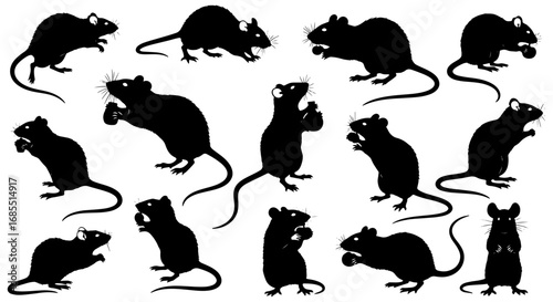 Vector art of a collection of fifteen black rat silhouettes, showcasing various poses and actions of the rodents