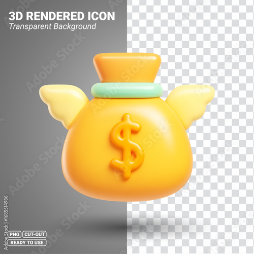 3D Rendered Flying Money Bag with Wings. Transparent PNG file ready to be used.