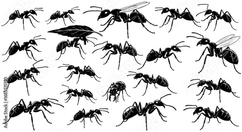 Vector art of detailed ant illustration showcasing various poses and activities, including carrying a leaf