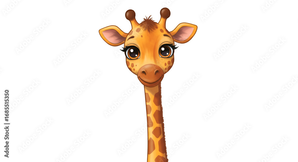 Naklejka premium Cute Giraffe Portrait: A charming illustration captures a friendly giraffe with captivating eyes. This adorable creation conveys warmth, joy, and a touch of whimsy.