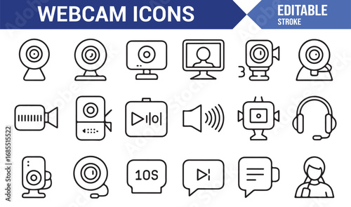 Editable stroke webcam icons collection for internet, digital media, streaming, and online meetings