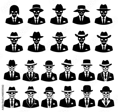 Vector art of set of skull in suit and hat silhouette vector illustration