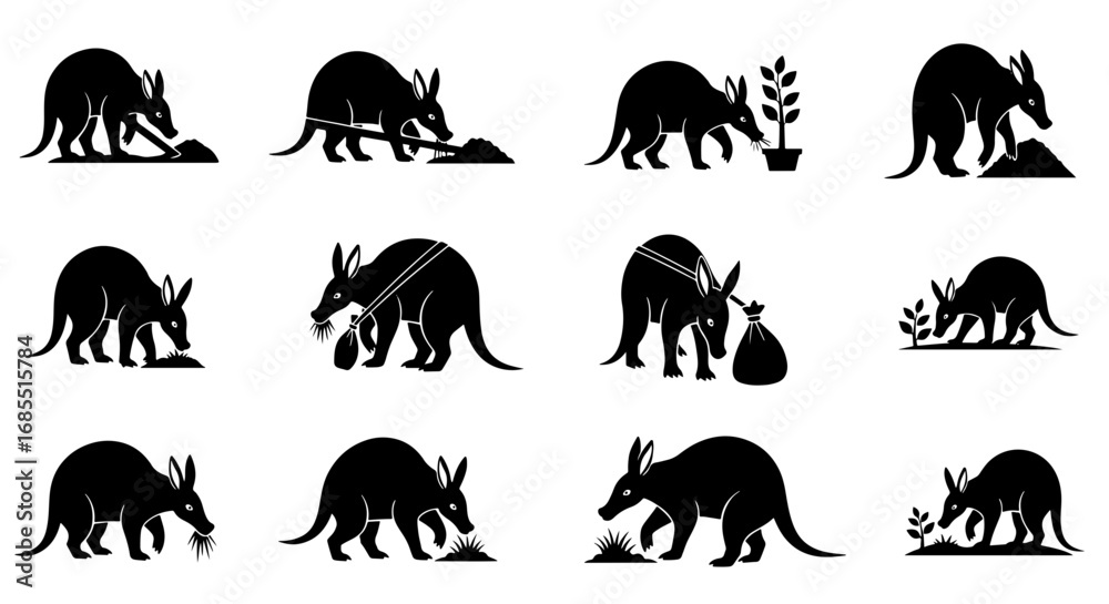 Fototapeta premium Vector art of collection of aardvark icons in various poses, vector illustration