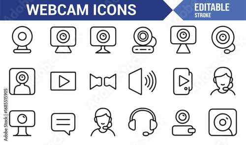 Collection of line art webcam icons with camera, sound, streaming, headset, and online conference tools