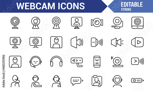 Editable stroke webcam icons pack including broadcast, multimedia, headset, internet, and video calls
