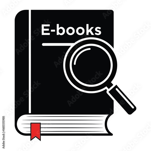 E-book Search: A digital illustration of a black ebook, highlighted by the magnifying glass. This artwork embodies the modern era of learning, making knowledge accessible everywhere.