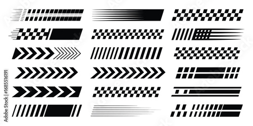 Racing Car Stripes and Vehicle Decal Vector Set – Includes Angled Checkered Patterns, Finish Line Flags, Motocross Labels, Speed Lines, and Motorsport Graphics for Car Tuning