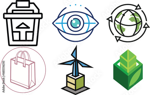 Eco friendly icons featuring recycling bin earth wind turbine shopping bag eye and green leaf