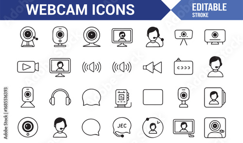 Editable vector webcam icons including camera, chat bubble, headset, conference, and internet tools