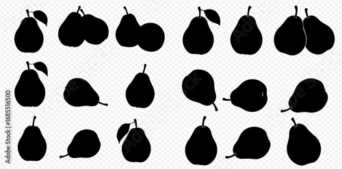 A collection of black pear silhouettes, some with leaves, presented in various orientations on a transparent background.