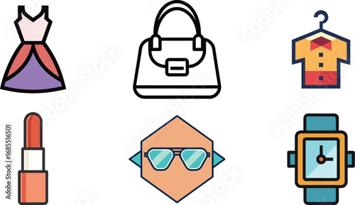 Fashion accessories icons set featuring dress handbag shirt lipstick sunglasses and watch