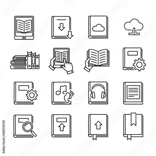 Ebook Icon Set: A detailed and intricate collection of ebook icons, carefully crafted with meticulous attention to detail. These vector-style icons are designed for simplicity and clarity.