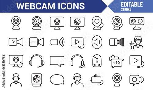 Editable stroke webcam icons collection with camera, video call, chat, streaming, and conference tools