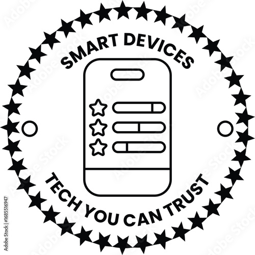 A black and white image of a star with the words smart devices written around it