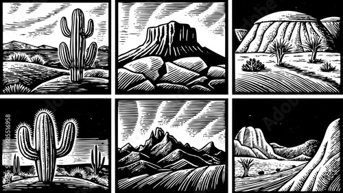 rustic desert life concept illustrated with a hand drawn doodle icon set, featuring cactuses, mountains, rocks, and sand elements, perfect for landscape design projects, nature artwork