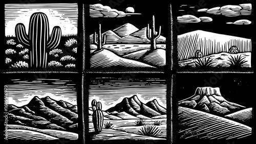rustic desert life concept illustrated with a hand drawn doodle icon set, featuring cactuses, mountains, rocks, and sand elements, perfect for landscape design projects, nature artwork