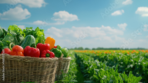 Fresh vegetables in straw baskets, vibrant colors, sunny day, lush green field, agricultural landscape, healthy food