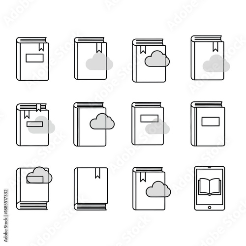 Digital Books Library Icons: A collection of stylized vector illustrations showcases digital book covers and an e-reader, perfect for visualizing an online library, accessible anywhere, anytime.