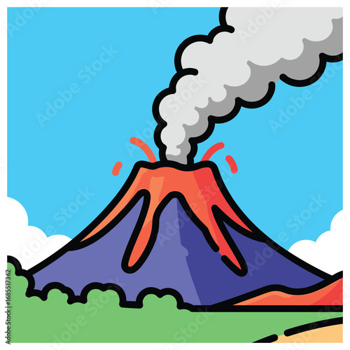 Cartoon volcano erupting with smoke and lava under a blue sky with clouds eruption