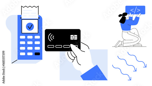 Hand holding a payment card near a POS terminal, receipt, and coder working on a display. Ideal for fintech, programming, retail, online payment, e-commerce, banking education simple landing page
