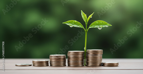 Financial Growth Concept: Plant Growing from Coins with Green Background