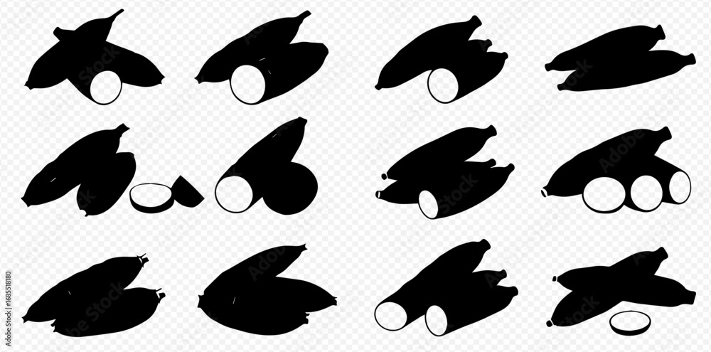 Fototapeta premium A grid of black banana silhouettes with white circular cross-sections and slices on a transparent background.