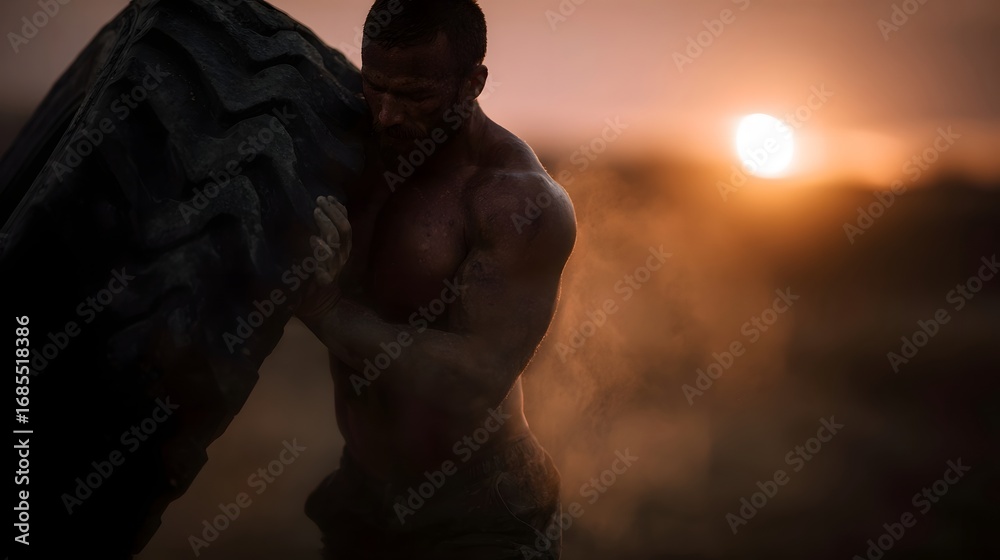 Fototapeta premium Muscular man intensely lifts a heavy utility tire during a challenging outdoor workout at sunset kicking up dust and showcasing immense strength