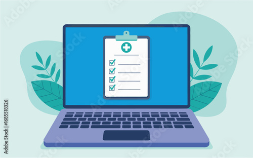 Digital healthcare medical record online laptop computer screen with patient information and checklist transparent background