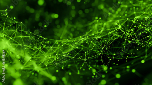 Abstract green network background with connecting lines and glowing particles