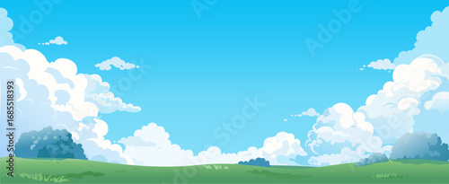 Summer landscape with clouds. Background with sky and field. Horizontal green meadow scene, country hills view, spring pastures with blue sky, grass, outdoor lawn. Vector poster