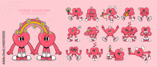 Heart characters. Cartoon groovy hearts. Funny love and Valentines elements. Pink hearted mascots in different poses with faces, emotions with wings, arrows, bows. Vector set