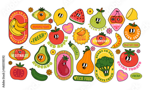 Fruit stickers. Retro vegetable labels. Patch with groovy, fruity characters with text slogan. Badge with apple, tomato, banana, orange for supermarket, local farm. Vector set