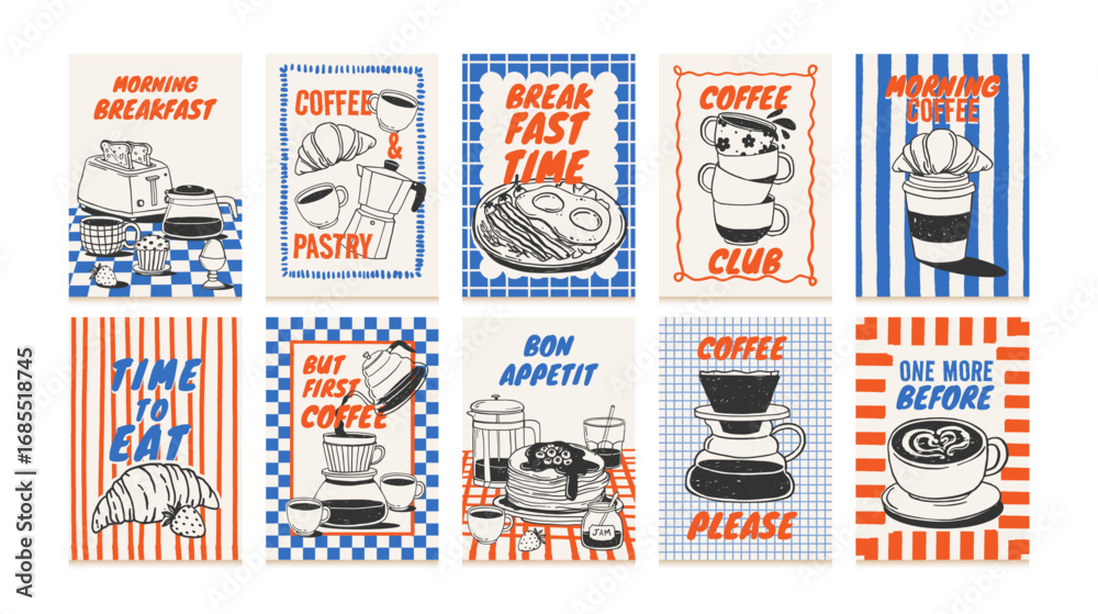 Fototapeta Coffee and breakfast poster. Food and drink cards. Hand drawn coffee cups, pastry, morning meals, croissant, cappuccino, eggs. Doodle text posters for cafe menu. Vector set