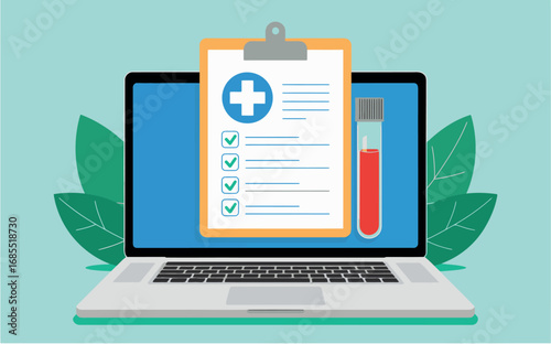 Digital health record on laptop with medical icons and blood test tube healthcare concept transparent backgroun