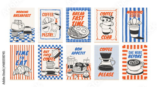 Coffee and breakfast poster. Food and drink cards. Hand drawn coffee cups, pastry, morning meals, croissant, cappuccino, eggs. Doodle text posters for cafe menu. Vector set