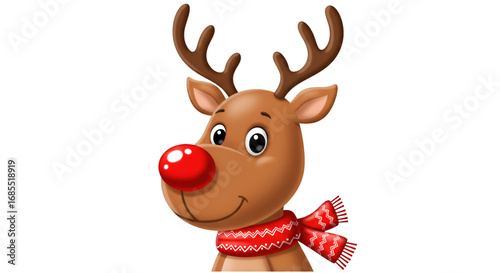 Christmas Reindeer Portrait: A cheerful Christmas reindeer sporting a vibrant red nose and a cozy, festive scarf, smiles warmly, embodying the spirit of joy.
