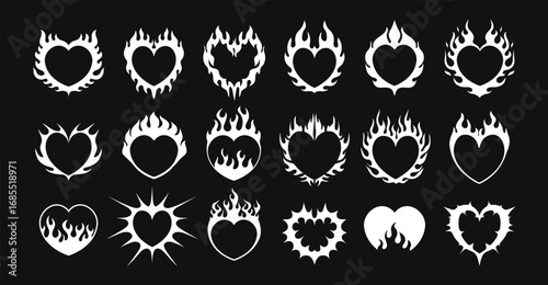 Hearts tattoo. Y2K neo tribal heart shape. Abstract gothic neotribal stickers, cyber and techno style, love elements, burning fire ornament on futuristic heart 2000s. Vector set