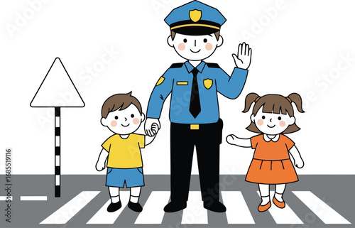 Vector art of police officer helping children cross the street at a crosswalk