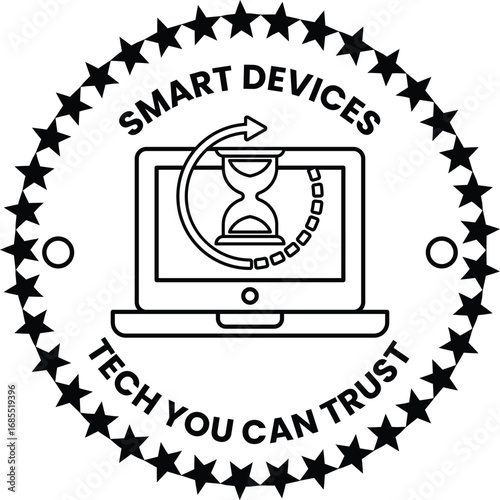 A black and white image of a laptop with a clock on it