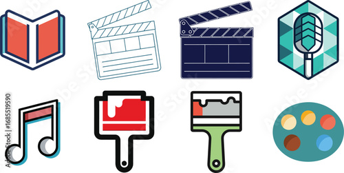 Creative icons collection featuring books film music paintbrushes and art palette symbols