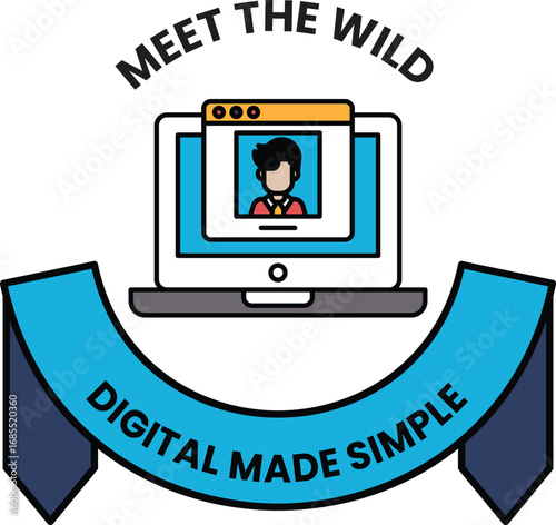 A blue ribbon with a man's face on a laptop computer