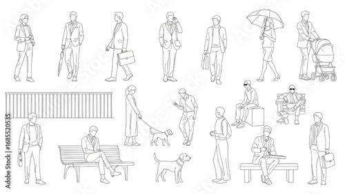 Businesspeople CAD Line Art | Vector Illustration of Men and Women Standing, Walking, Talking for Architecture and Landscape