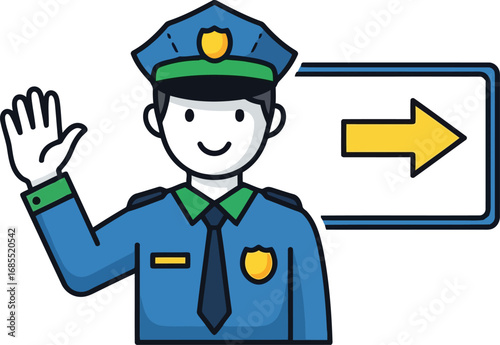 Vector art of police officer waving and pointing right with arrow sign