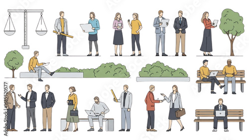 Businesspeople CAD Line Art | Vector Illustration of Men and Women Standing, Walking, Talking for Architecture and Landscape