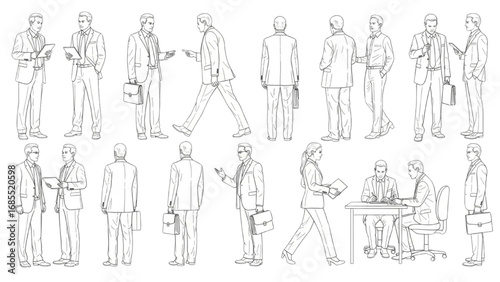 Businesspeople CAD Line Art | Vector Illustration of Men and Women Standing, Walking, Talking for Architecture and Landscape