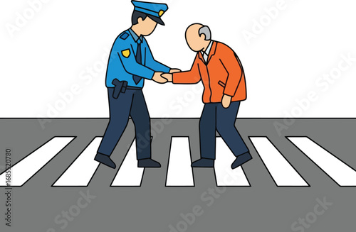 Vector art of a police officer helps an elderly man cross the street at a pedestrian crossing, symbolizing community support and safety