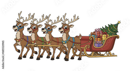 Festive Cartoon Reindeer Pulling Santas Sleigh with Gifts.