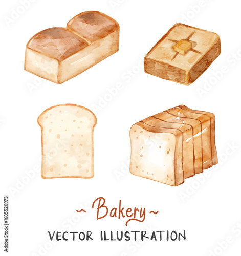 Watercolor White Bread Vector Collection. Toast bread whole and slice illustration.