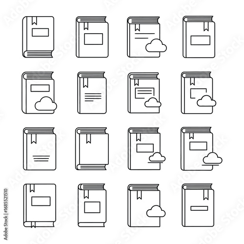 Digital Library of Books: A sleek, minimalist illustration depicts a grid of books, each uniquely detailed with a bookmark and subtle design elements, conveying a sense of knowledge, learning.