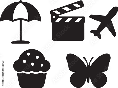 Symbolic Silhouettes: A collection of five diverse black silhouettes. Depicting an umbrella, movie clapper, airplane, cupcake, and butterfly on a clear background.